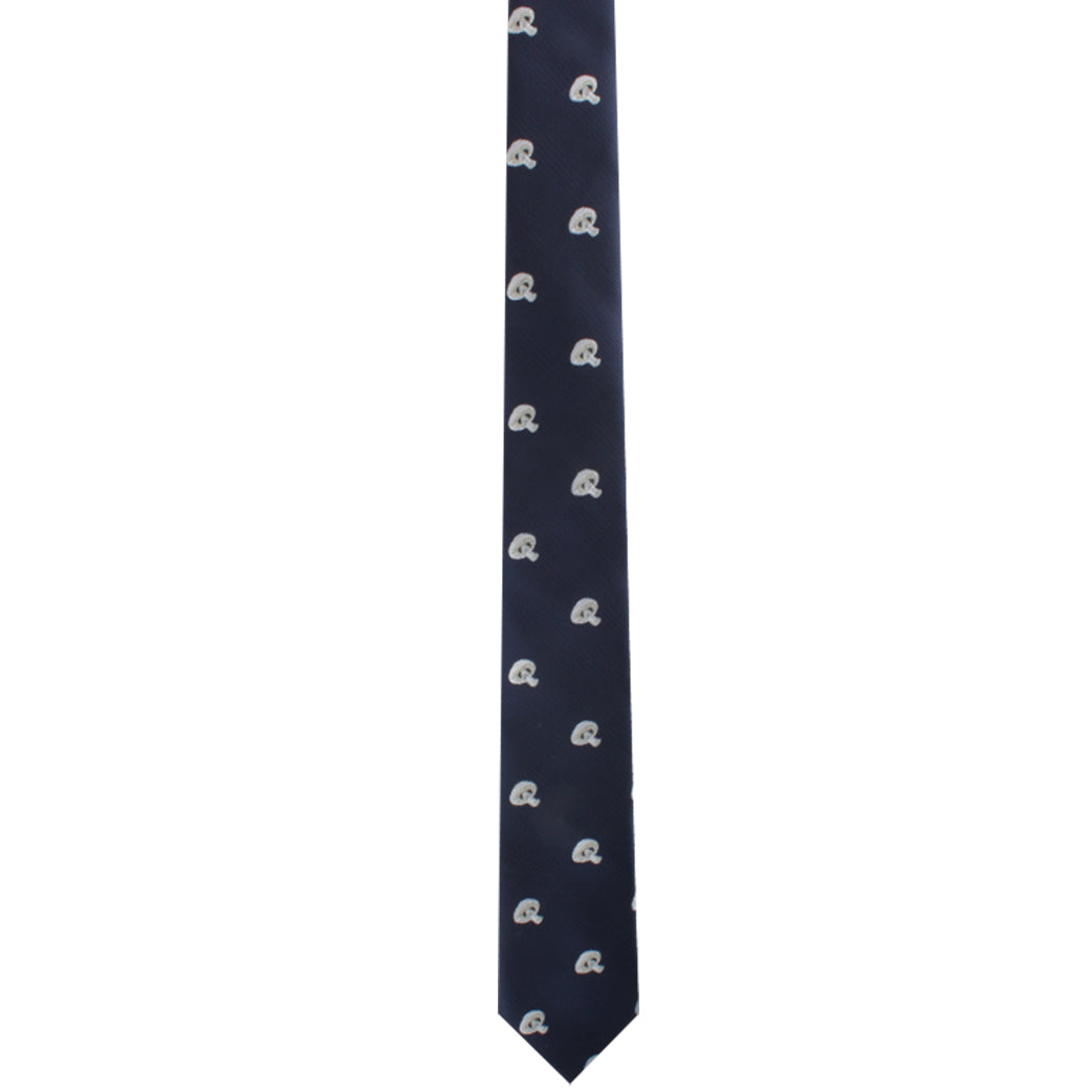 A navy blue necktie featuring a repeated pattern of small white mushroom icons, adding a touch of elegance with its nature-inspired design, aptly named the Mushrooms Skinny Tie.