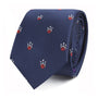 The Ten Pin Bowling Skinny Tie, featuring a navy blue base adorned with small, embroidered red and white designs, harmonizes effortlessly with any outfit.