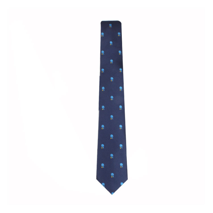 A Table Tennis Skinny Tie with a subtle small blue and white pattern exuding refined charm.