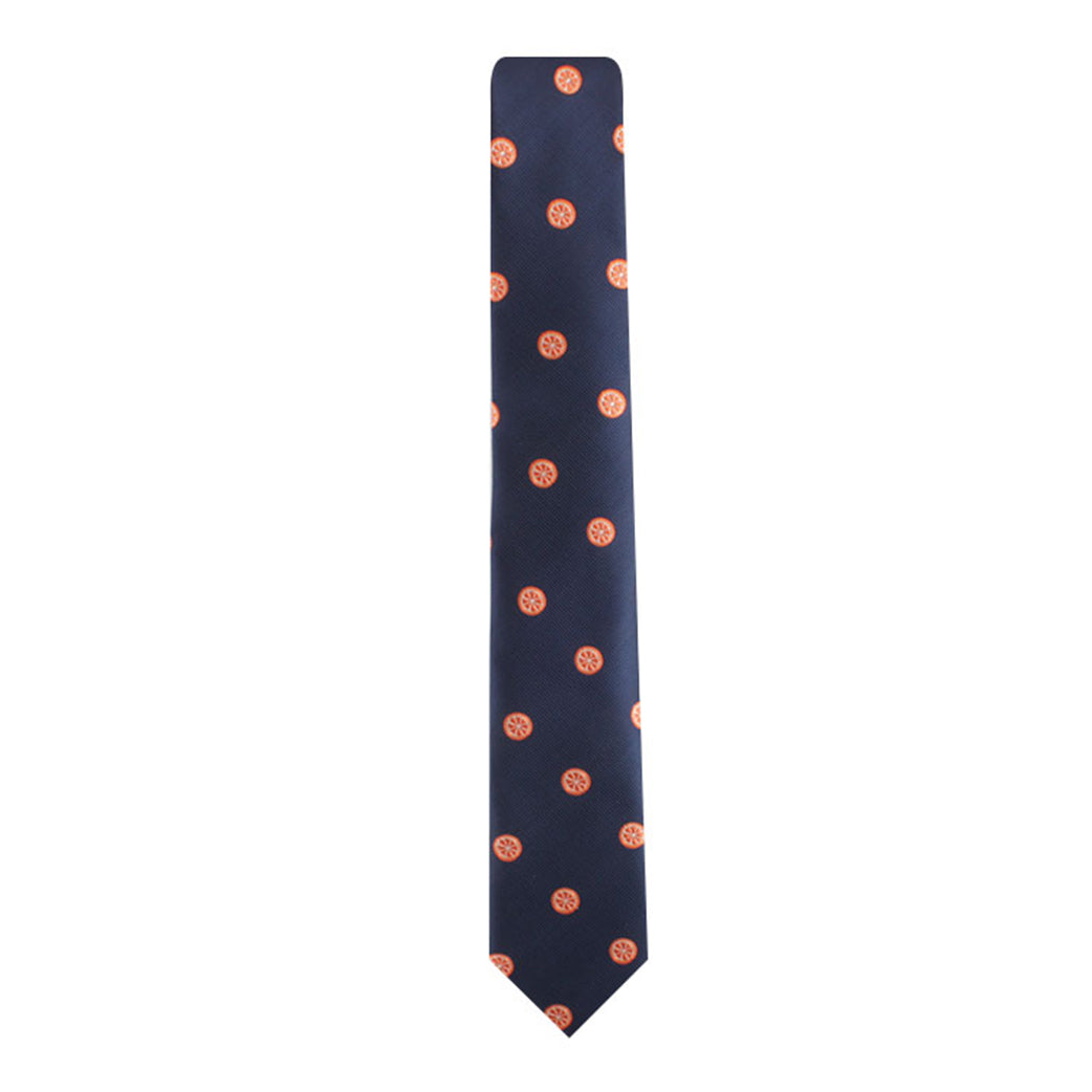 A navy blue Orange Skinny Tie with a vibrant orange polka dot pattern.