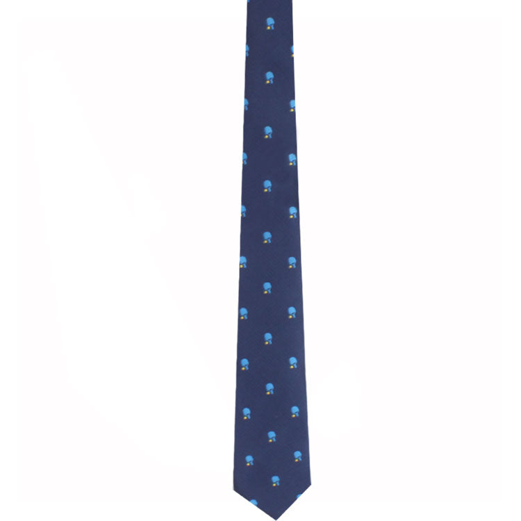 A Table Tennis Skinny Tie with a pattern of small, light blue and dark blue hats exudes refined charm.