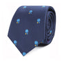 A rolled-up blue Table Tennis Skinny Tie featuring a refined charm with small blue and yellow table tennis paddles and balls pattern, celebrating the energetic sport.