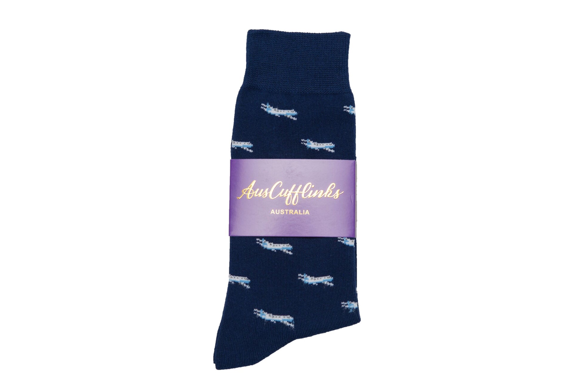 A navy Aeroplane sock with a white airplane design.
