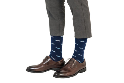 A man wearing a pair of Aeroplane Socks.