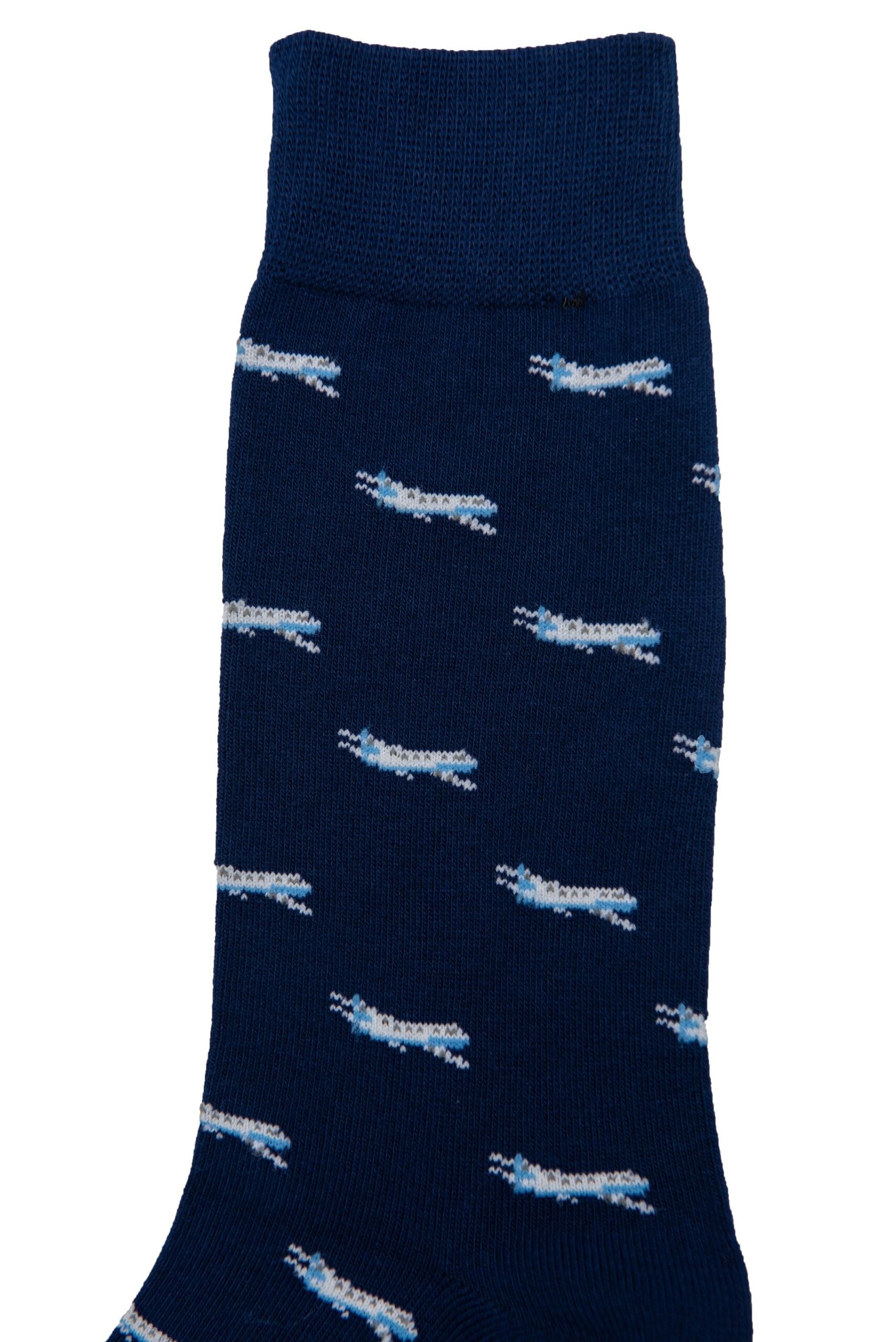 An Aeroplane Sock with blue and white designs.