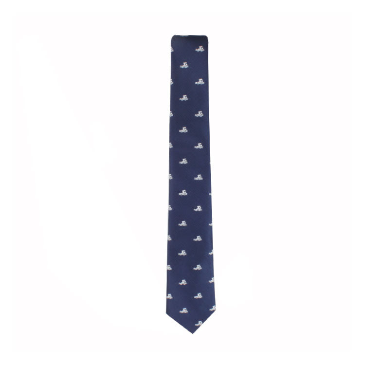 A Swimming Skinny Tie with an allover pattern of white anchors, embodying timeless style and aquatic grace.
