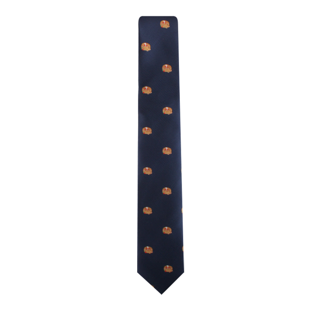 Pancakes Skinny Tie with a pattern of orange-brown Morning delight motifs.