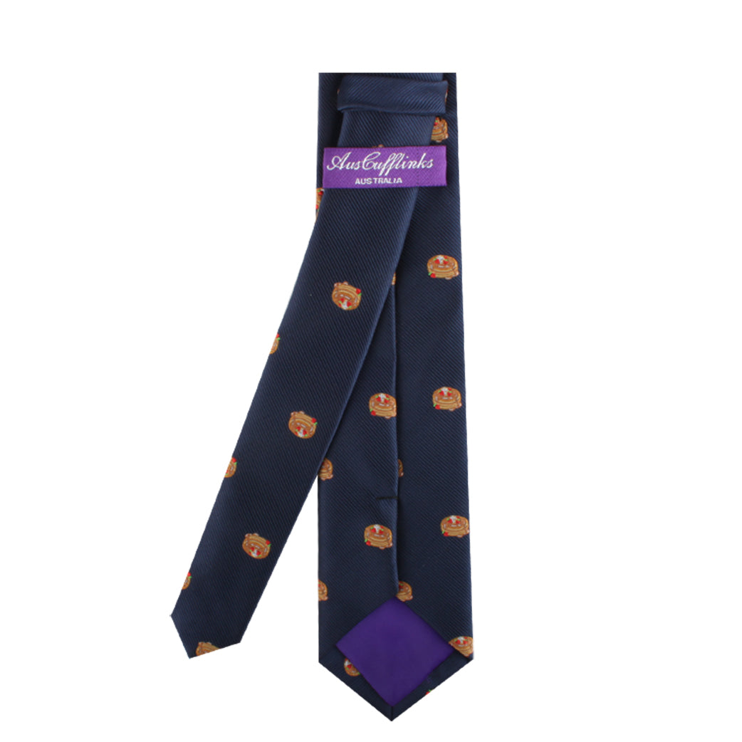 Pancakes Skinny Tie with crest pattern and a "Morning Delight" purple tail lining.