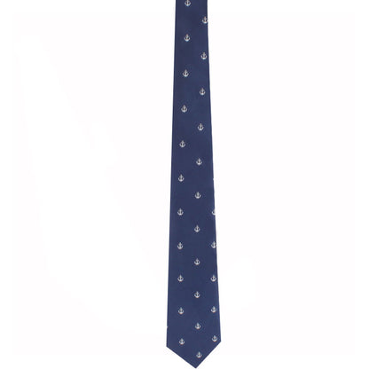 A blue Anchor Skinny Tie with white anchors on it, symbolizing stability.