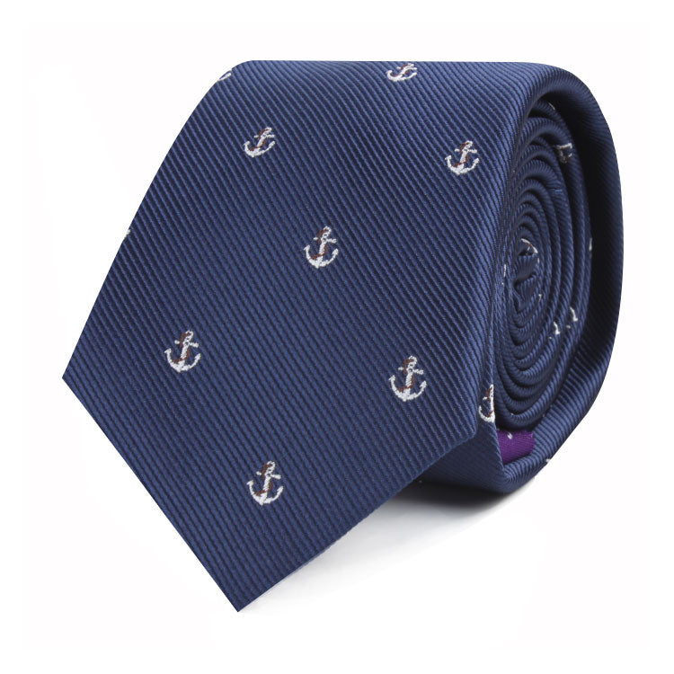 A navy tie with Anchor designs.
Anchor Skinny Tie