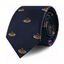 The Pasta Skinny Tie is a rolled-up navy blue tie featuring a repeated pattern of small plates of spaghetti and meatballs, exuding a modern style with Italian flair.