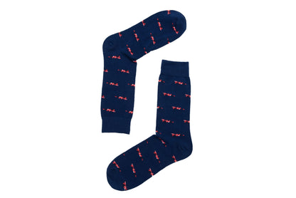 Upgrade your Racing Car Socks game with these navy socks featuring red and blue stripes.