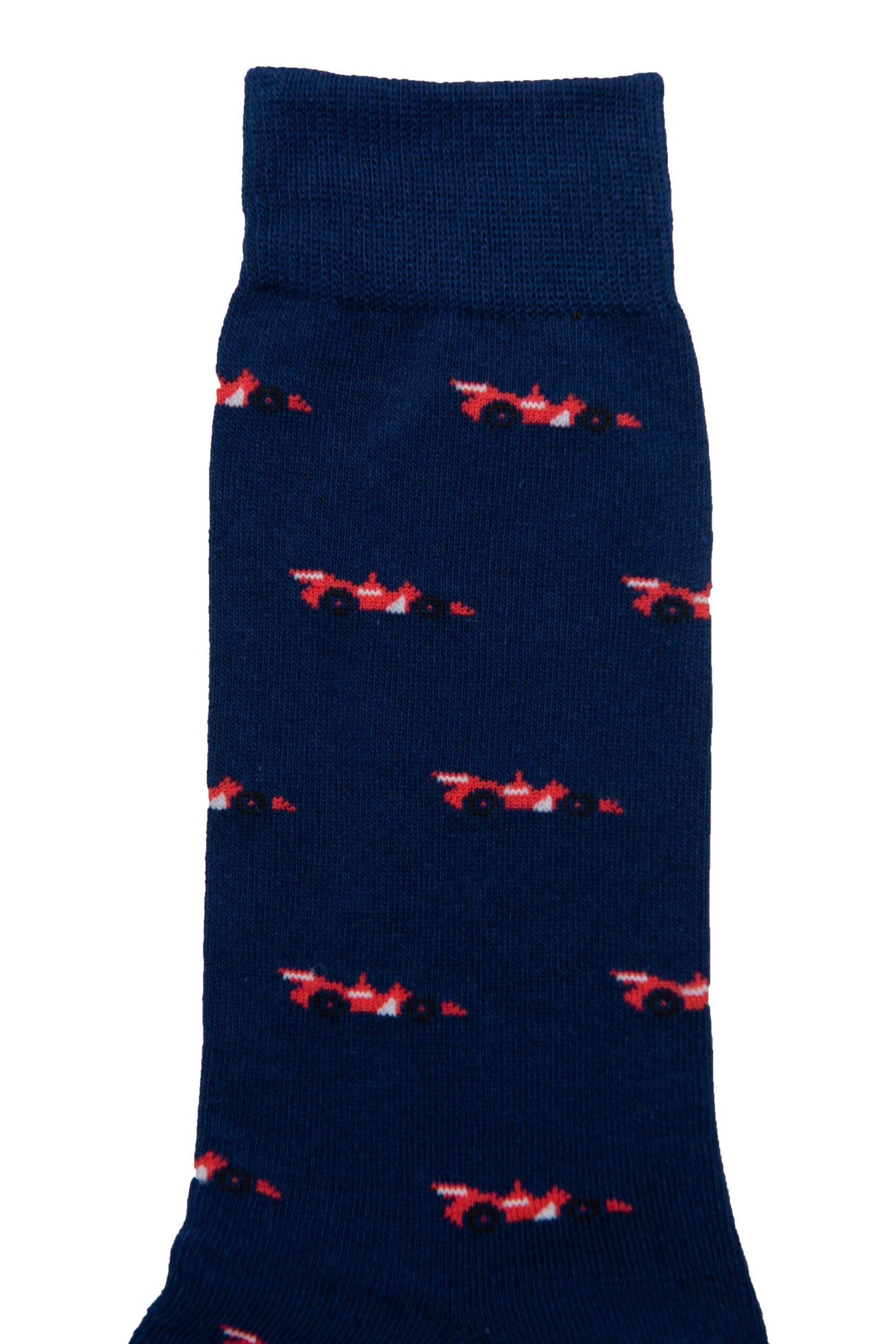 A pair of Racing Car socks with a sock game twist, featuring red and white airplanes to accelerate your style.