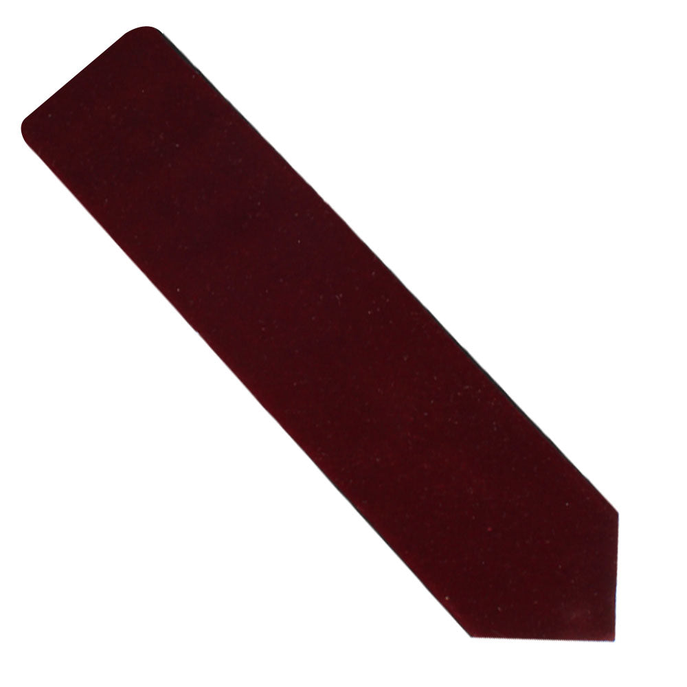 A Maroon Velvet Skinny Tie with rich tones and a pointed tip, laid flat on a white background.