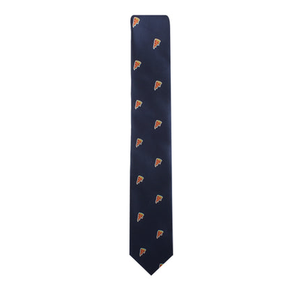 A Pizza Skinny Tie with a pattern of small, repeated pizza slice designs brings a savory style to your wardrobe. This essential accessory adds a touch of whimsy to any outfit.