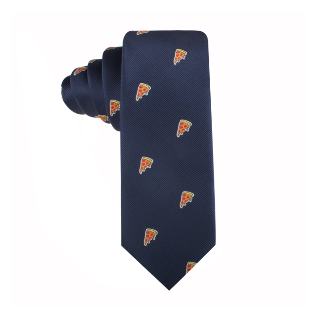 A Pizza Skinny Tie with a pattern of small, repeating pizza slice illustrations, adding a touch of savory style to your essential wardrobe pieces.