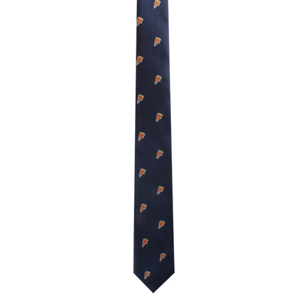 A navy blue Pizza Skinny Tie featuring pizza slice designs spaced evenly across the fabric, offering a savory style that is an essential addition to any collection.