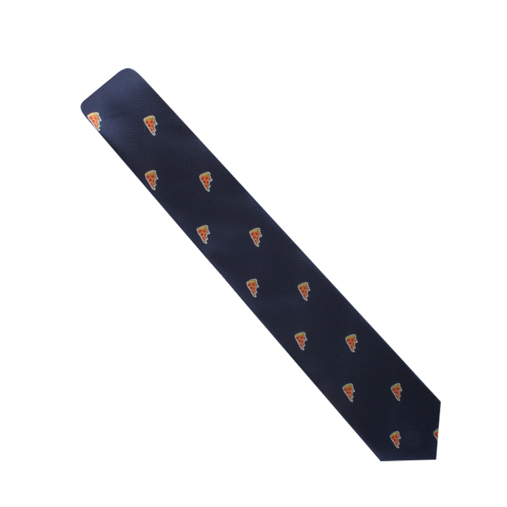 A navy blue Pizza Skinny Tie with a repeating pattern of small, detailed pizza slices, offering an essential touch of savory style.