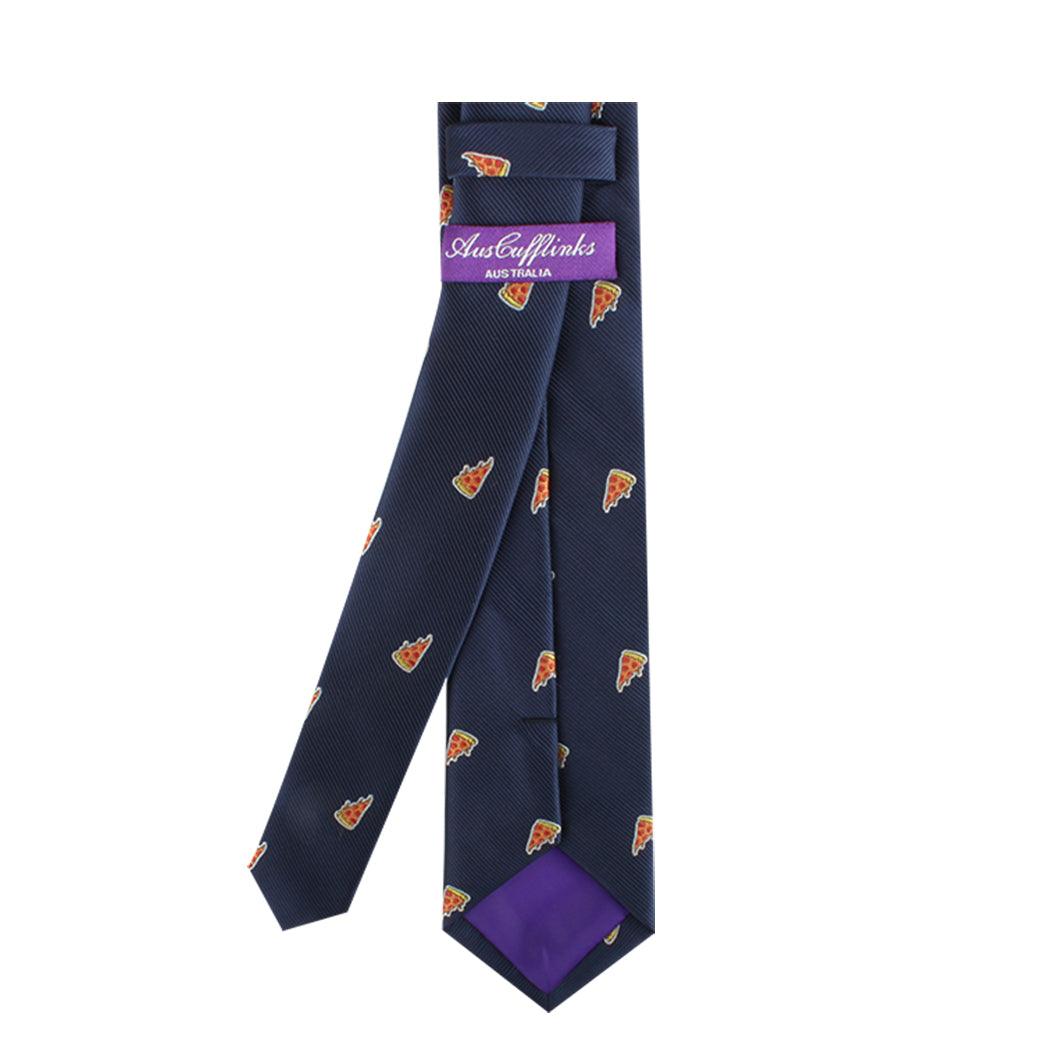 A navy blue Pizza Skinny Tie adorned with small pizza slice patterns, featuring a purple label on the back with the text "AustCufflinks Australia," brings a touch of savory style to any ensemble. This quirky yet essential accessory ensures you stand out in sophistication.