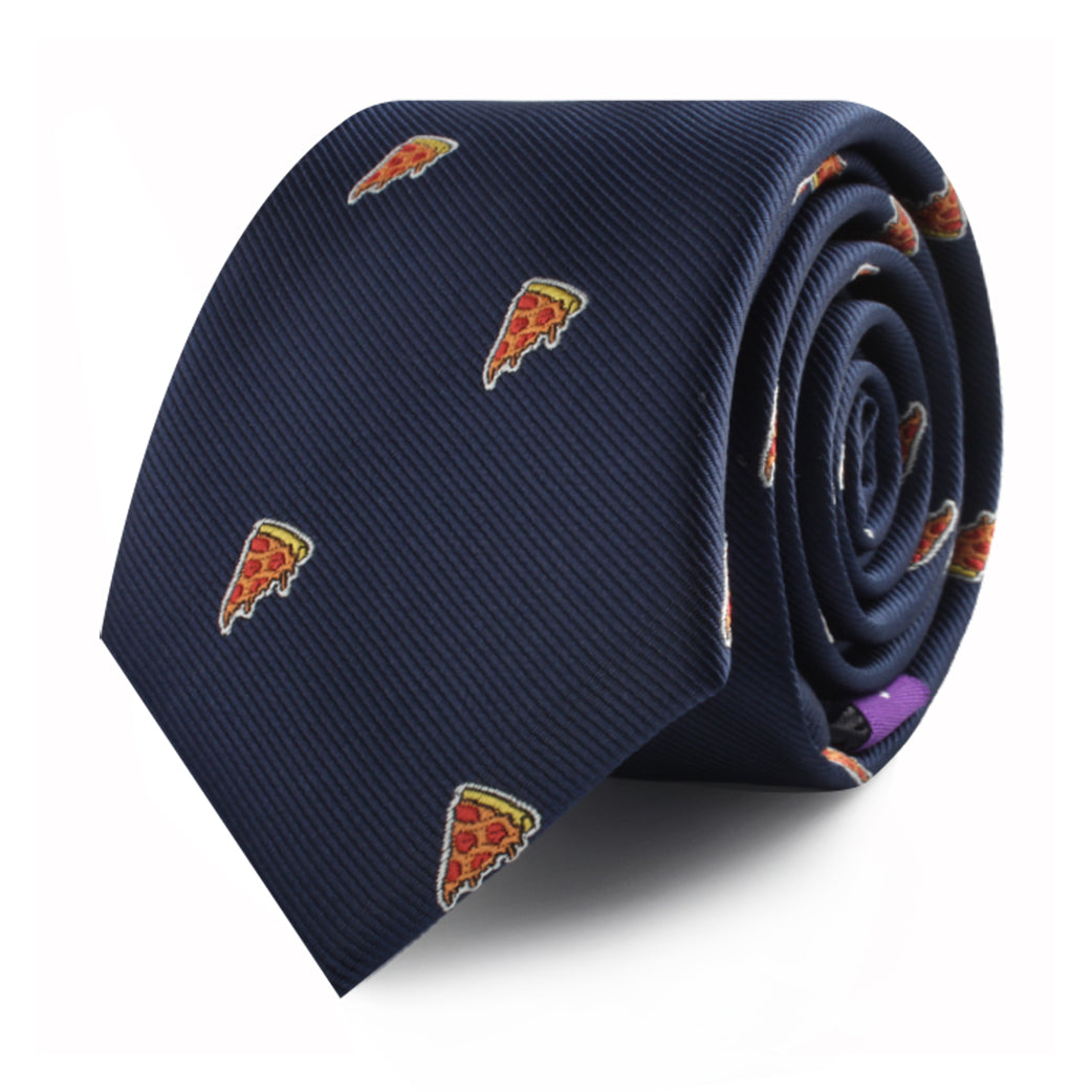 A rolled-up Pizza Skinny Tie with a repeating pattern of small pizza slice illustrations adds a touch of savory style to your essential wardrobe accessories.