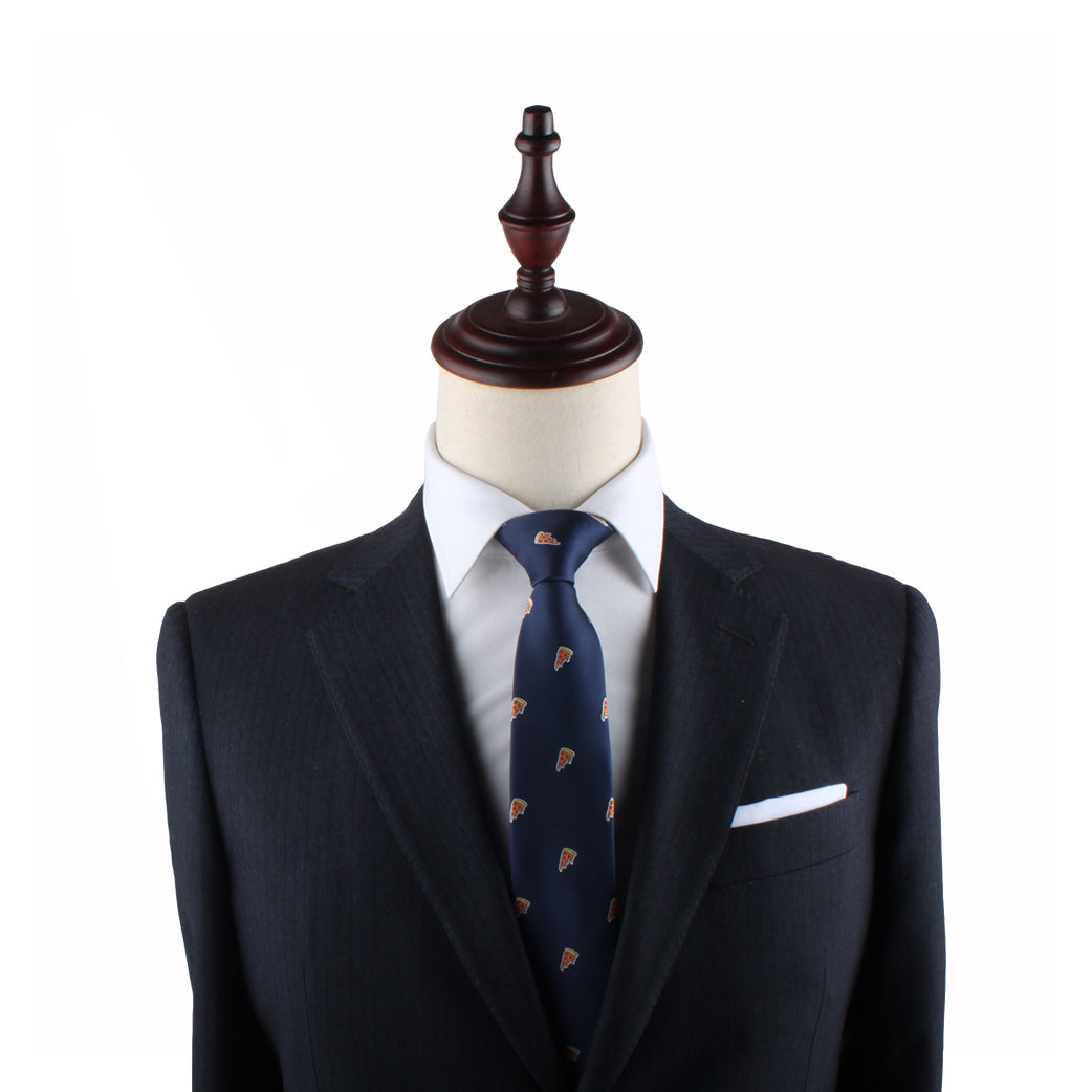 A mannequin dressed in a dark navy suit with a white dress shirt and a Pizza Skinny Tie, set against a plain white background.