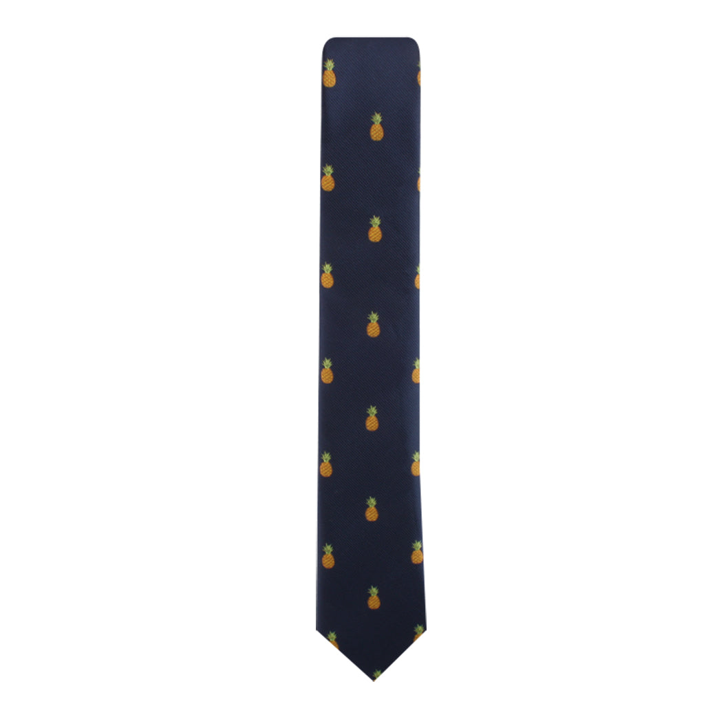 A Pineapple Skinny Tie with a pattern of small yellow pineapples evenly spaced across its surface, exuding tropical allure and modern elegance.