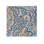 A Blue Paisley Pocket Square featuring a captivating swirl of paisley patterns in blue, orange, green, and white.