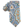 The Blue Paisley Skinny Tie showcases an intricate design with orange, white, and teal floral patterns that resemble gentle ocean waves.