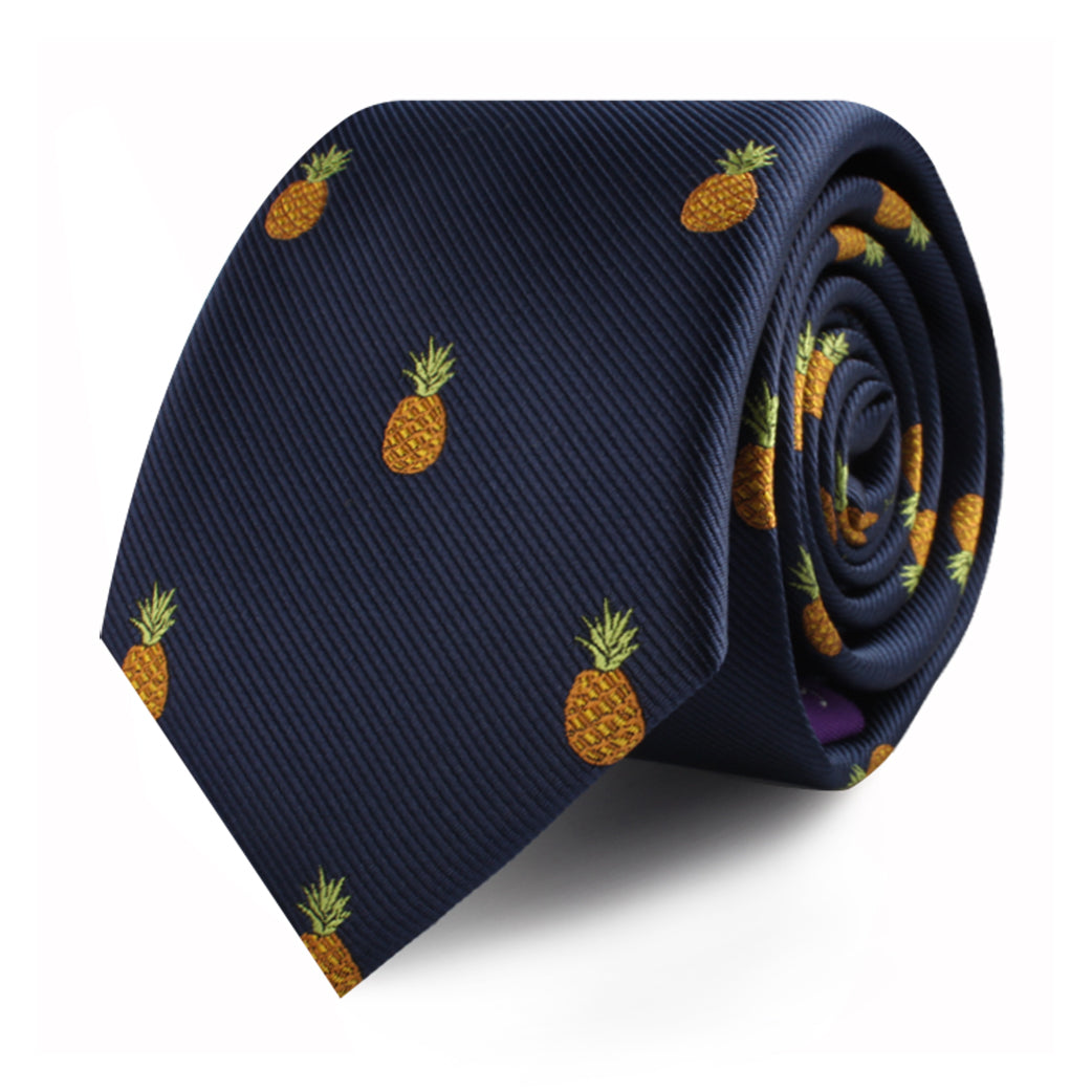 A rolled-up Pineapple Skinny Tie exudes modern elegance and tropical allure.