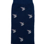 A single Shark Sock in navy blue, featuring a deep-sea style with a pattern of small, light-colored shark designs.