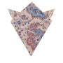 The Blue Latte Brown Paisley Pocket Square features an intricate paisley pattern in blue, orange, and beige tones, designed to resemble an animal's face with pointed ears for added flair.