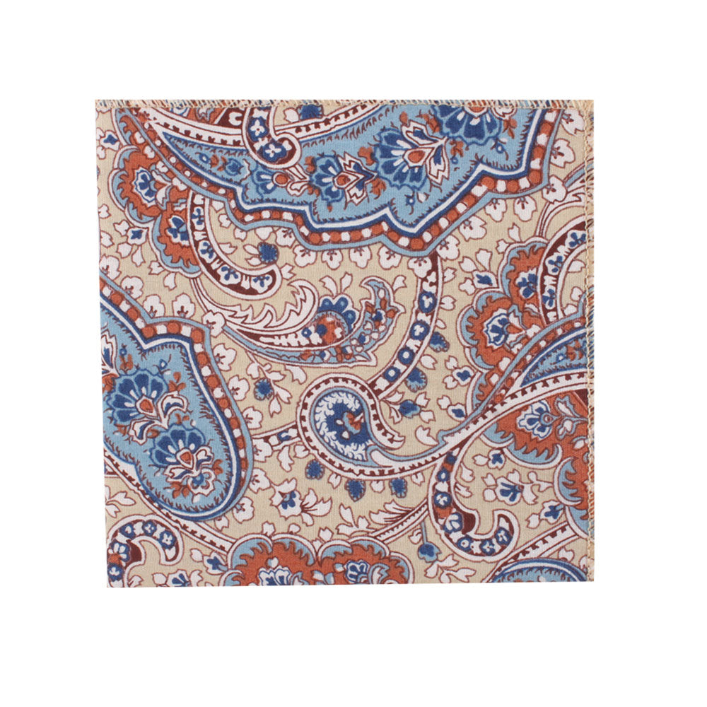 A Blue Latte Brown paisley pocket square in harmonious hues.