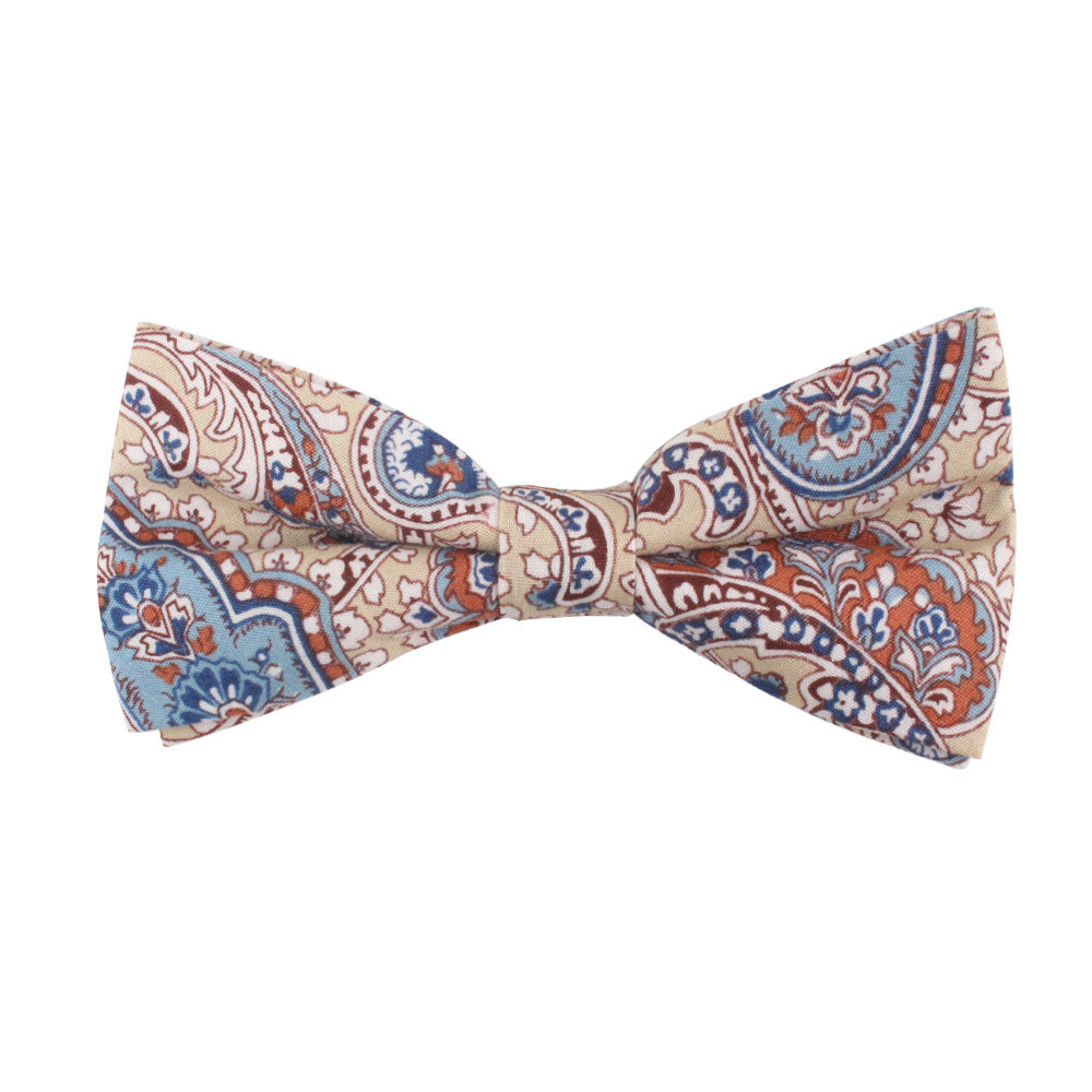 A Blue Latte Brown paisley bow tie and pocket square set on a white background.