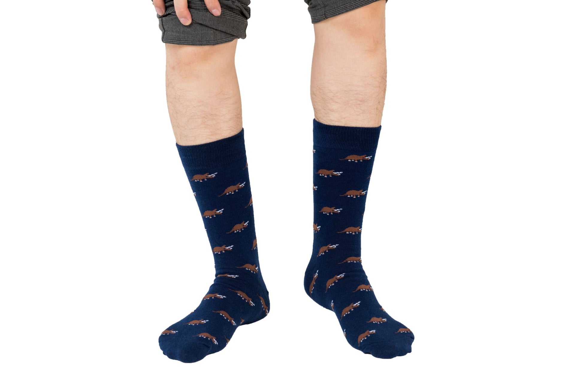 A person stands against a white background, exuding panache with knee-length, navy blue Triceratops Socks adorned with a charming dinosaur pattern.