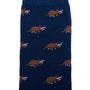 Blue Triceratops Socks showcasing a prehistoric flair with a repeating pattern of brown triceratops dinosaurs.