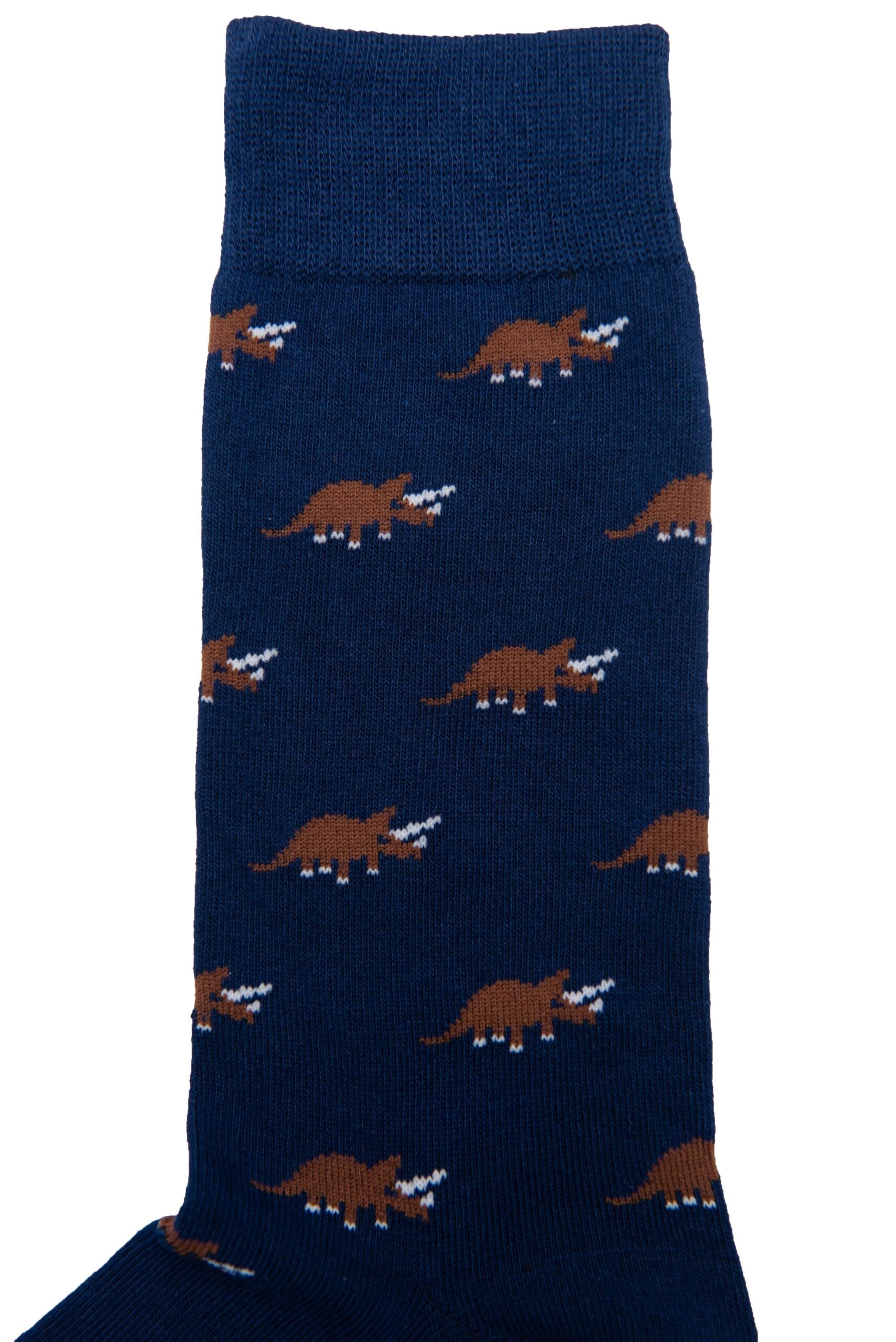 Blue Triceratops Socks showcasing a prehistoric flair with a repeating pattern of brown triceratops dinosaurs.