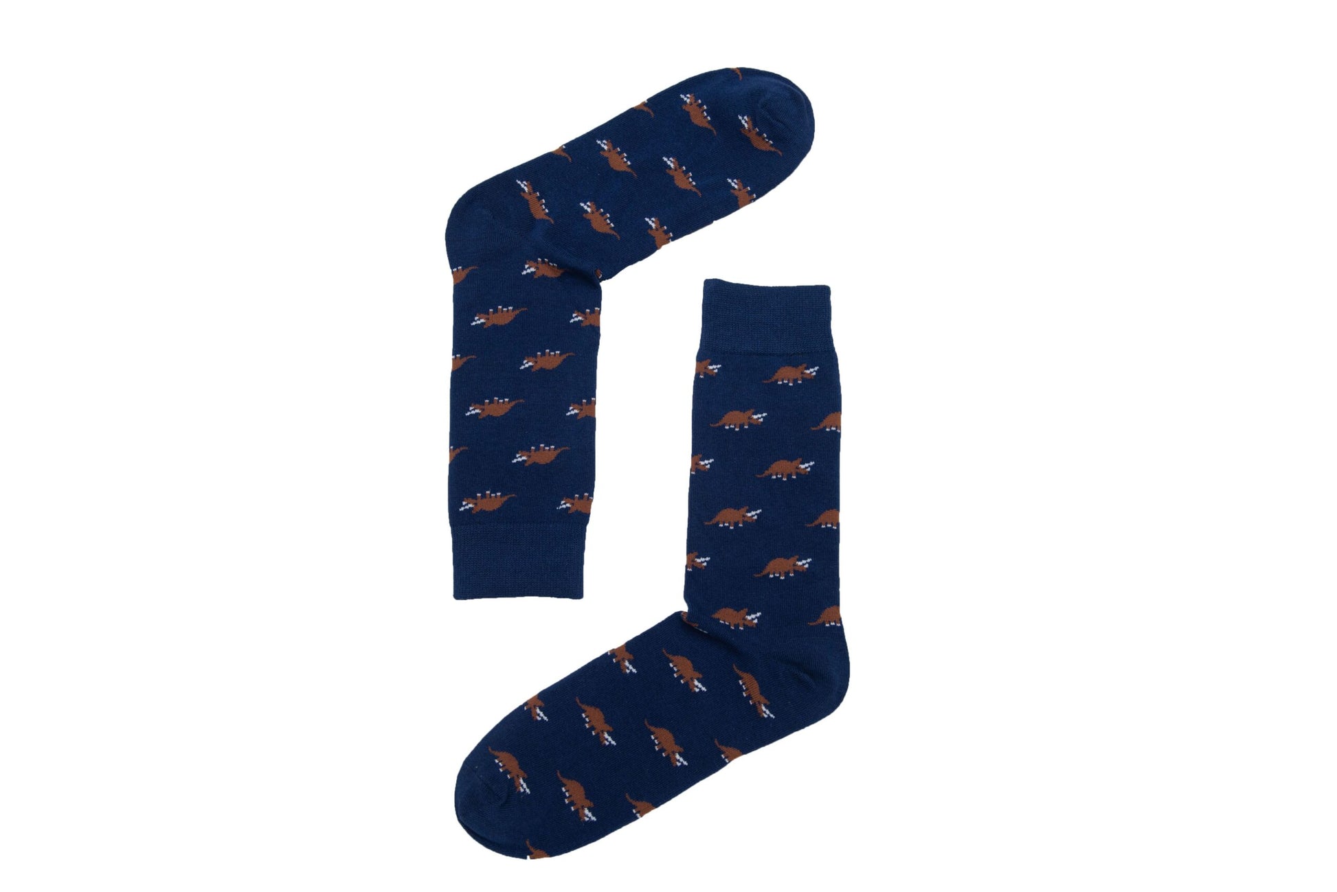 The Triceratops Socks bring a touch of panache with their dark blue design, featuring a charming pattern of small orange dinosaurs.