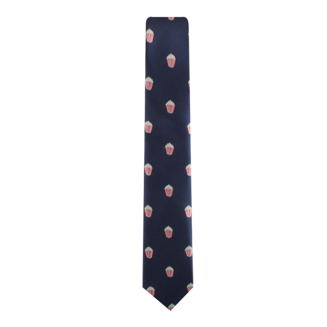 A navy blue Popcorn Skinny Tie with a pattern of small red and white popcorn buckets, making a cinematic statement.