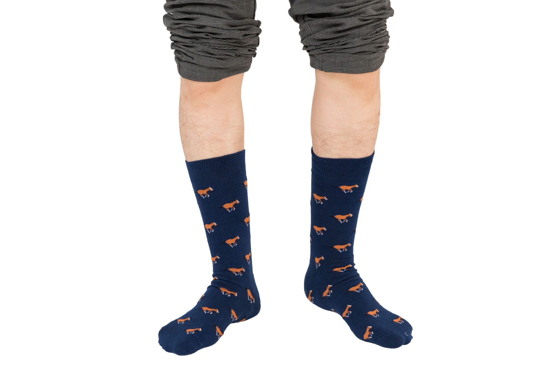 A boy wearing a pair of Horse Socks with orange foxes on them.