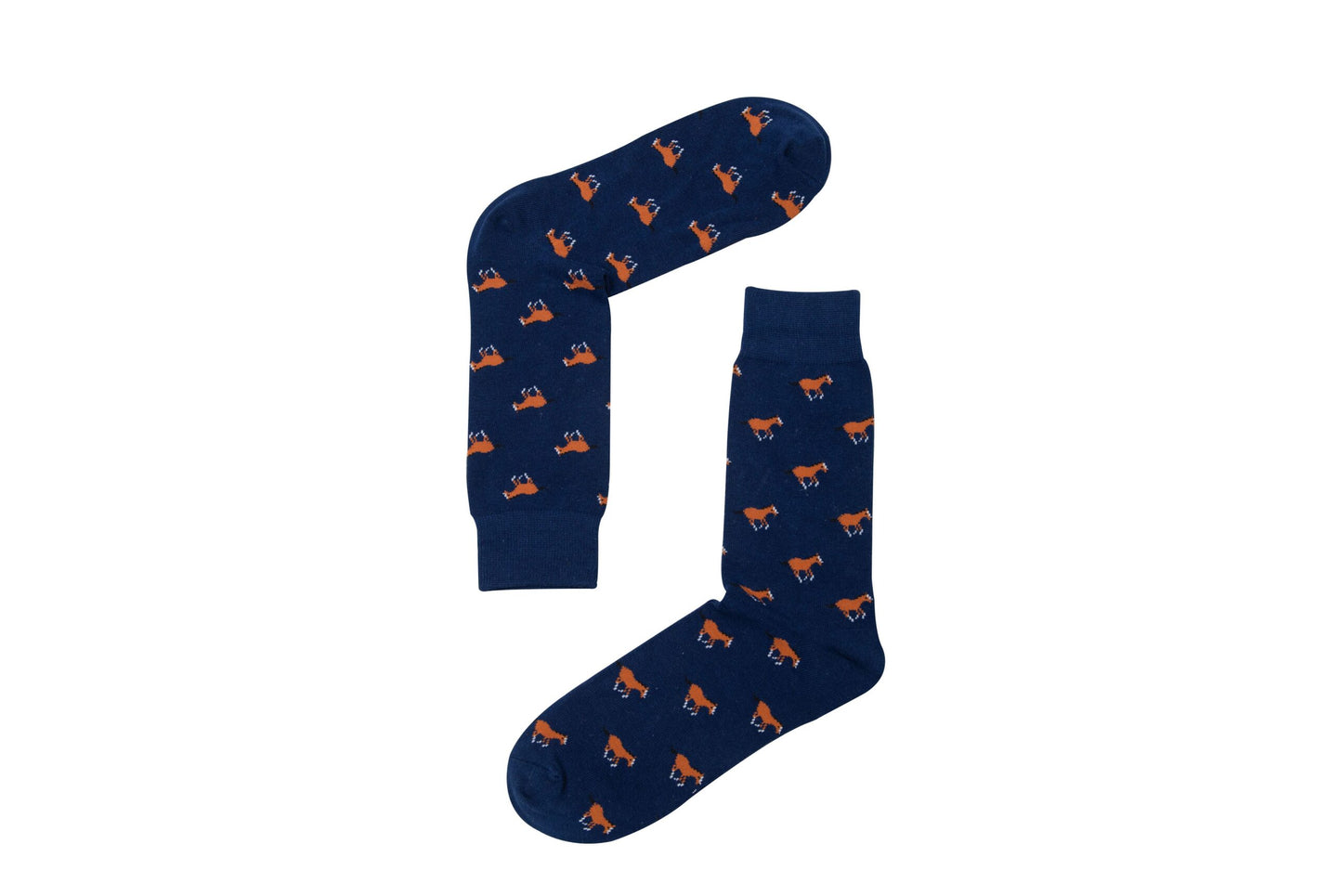 A pair of Horse Socks with orange foxes on them.