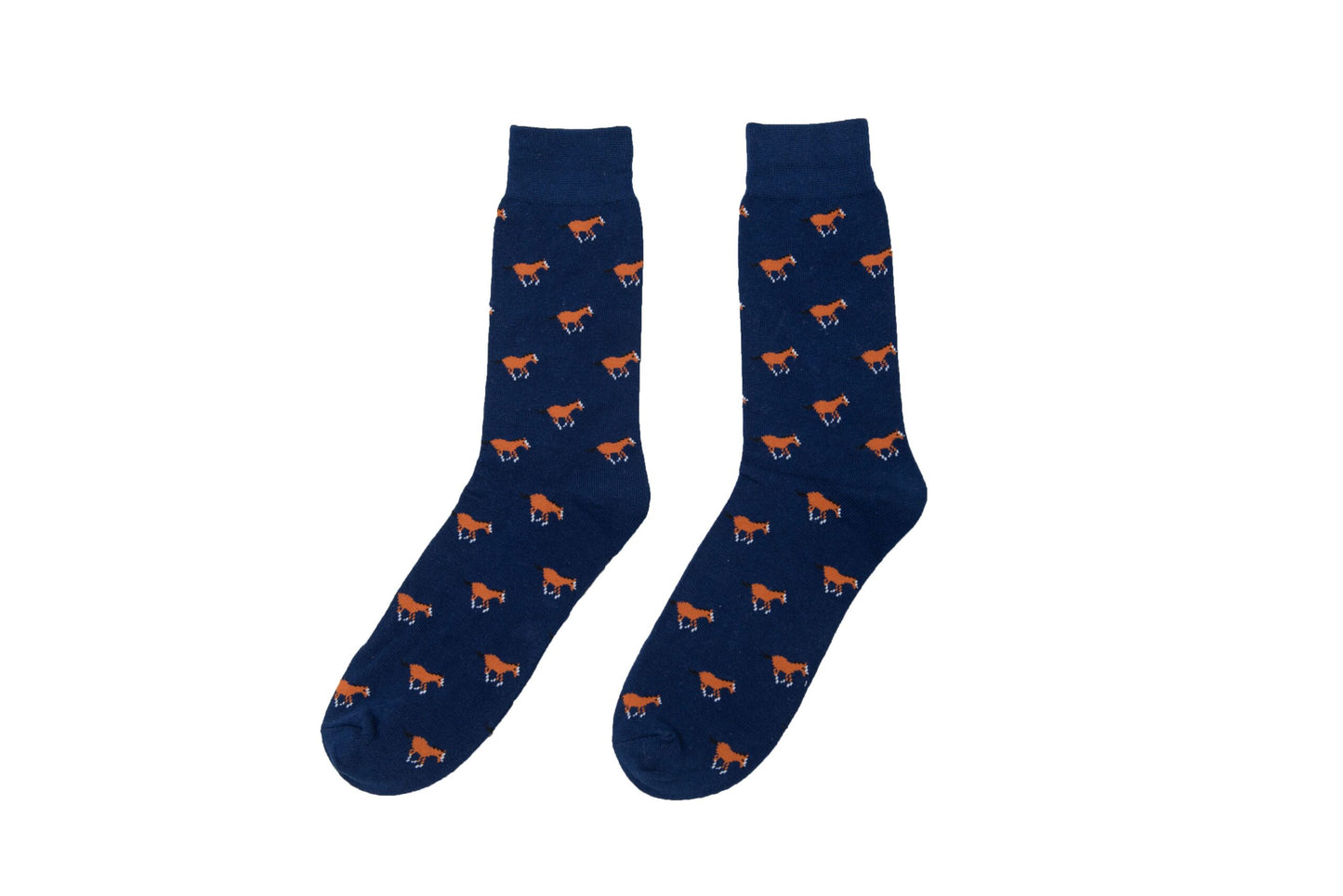 A pair of Horse socks with orange foxes on them.