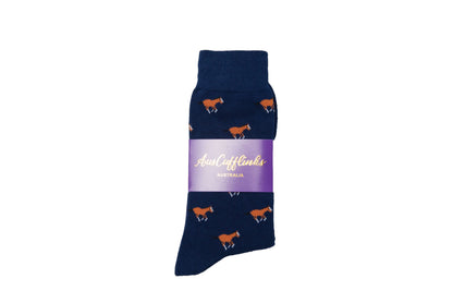 A navy Horse Sock. Perfect for equestrian enthusiasts or those in need of stylish and comfortable socks!