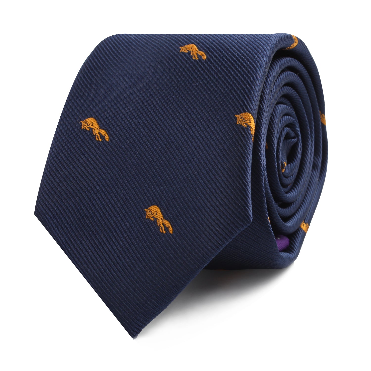 A rolled-up Orange Fox Skinny Tie, showcasing a pattern of small embroidered yellow elephants, capturing a touch of wild allure.