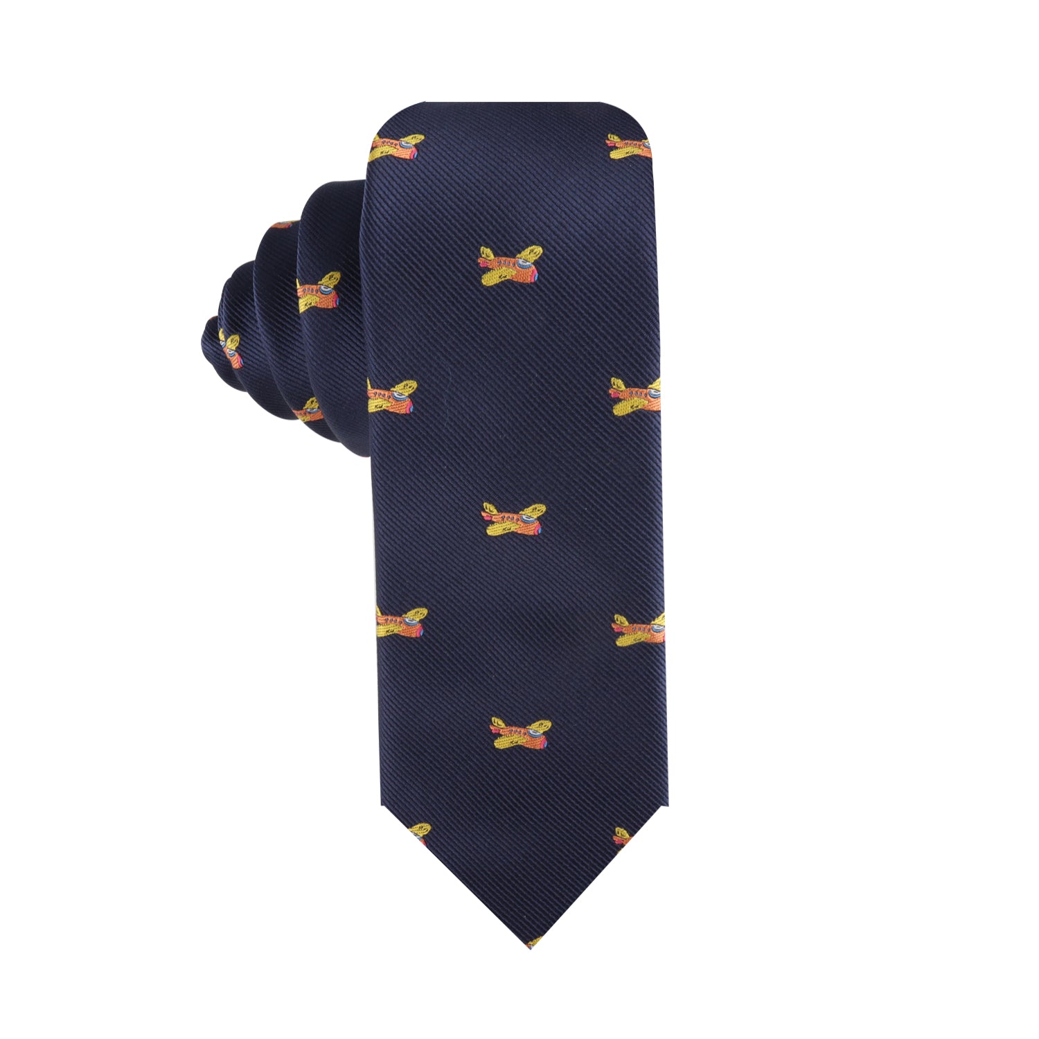 Introducing the Orange Aircraft Skinny Tie, adorned with a pattern of small airplane motifs, perfect for adding a touch of style with its vibrant hues.