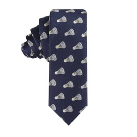 A navy blue Badminton Skinny Tie with a pattern of white shuttlecocks arranged evenly across its surface, ensuring you always serve up sophisticated looks.