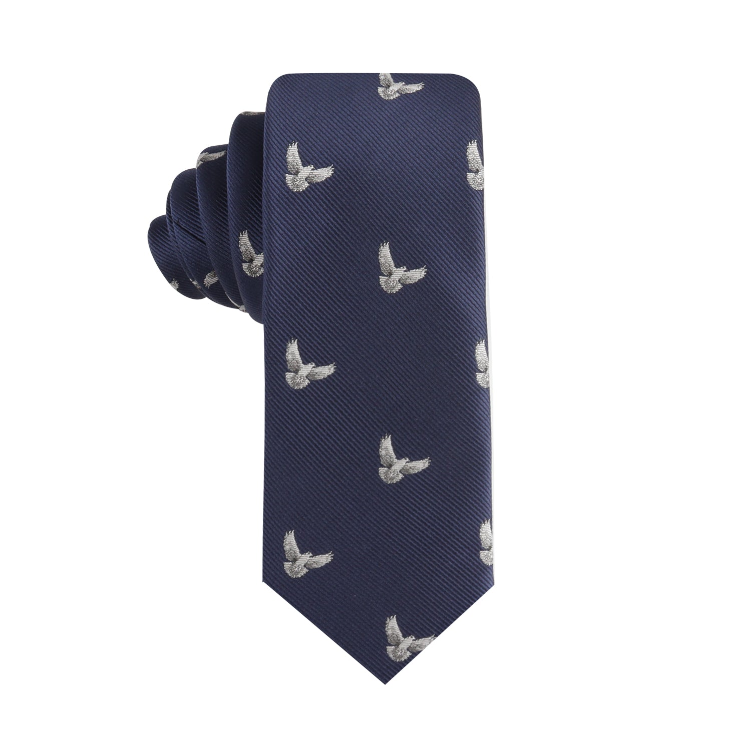 A navy blue necktie with a pattern of silver birds stitched across the fabric, this symbolic Dove Skinny Tie exudes style and evokes a sense of peace.