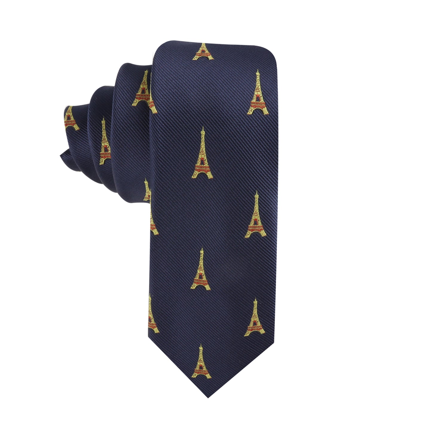 The Eiffel Tower Skinny Tie, in dark blue, features a sophisticated repeated pattern of yellow and red Eiffel Tower motifs, adding a touch of Parisian elegance to your look.