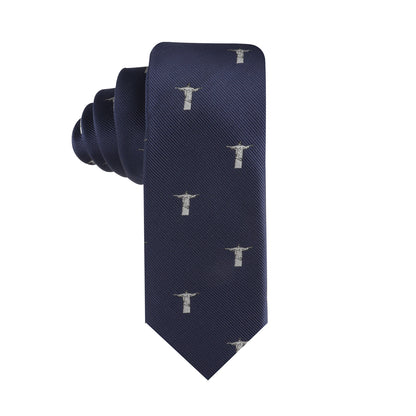 Dark blue Jesus Christ The Redeemer Skinny Tie featuring a stylish form and small, light embroidered designs repeating throughout.