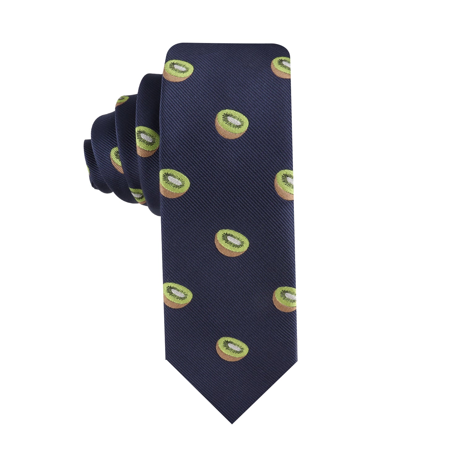 A Kiwi Skinny Tie with vibrant colors and nature-inspired kiwi fruit motifs.