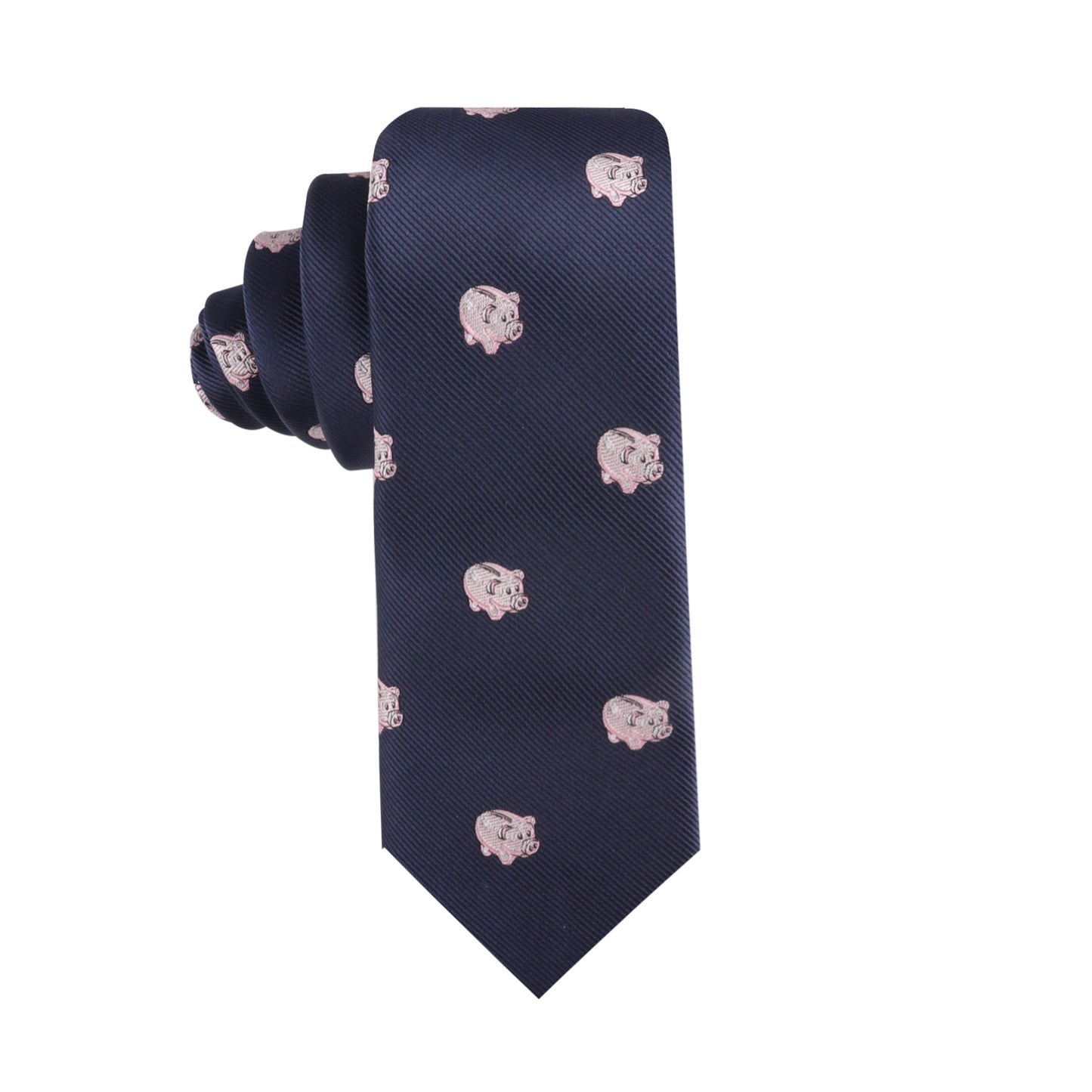 A Piggy Bank Skinny Tie adorned with small pink pig illustrations is rolled and displayed against a white background, making it a standout piece for those looking to invest in sophistication.
